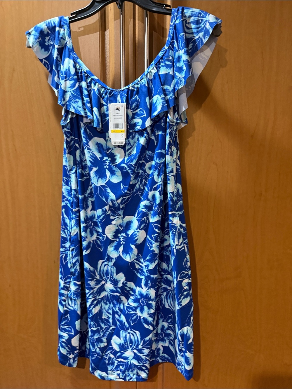 Tommy Bahama Blue and White Floral Ruffle-Off Shoulder Dress